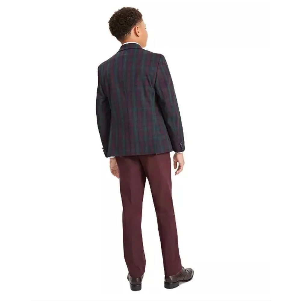B By Brooks Brothers Youth Bamboy Classic Plaid Suit Jacket Wine/Green 16R
